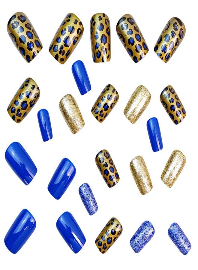 HJKDSFD Medium Press on Nails Dark Blue Square Fake Nails Glossy Glitter False Nails Gold Leopard Print Acrylic Nails Press on Cute Full Cover Reusable Glue on Nail for Women Girls 24Pcs - Image 5